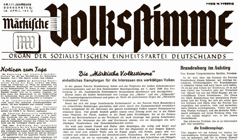 Die erste Ausgabe der neuaufgelegten Märkischen Volksstimme erscheint am 18. April 1946.